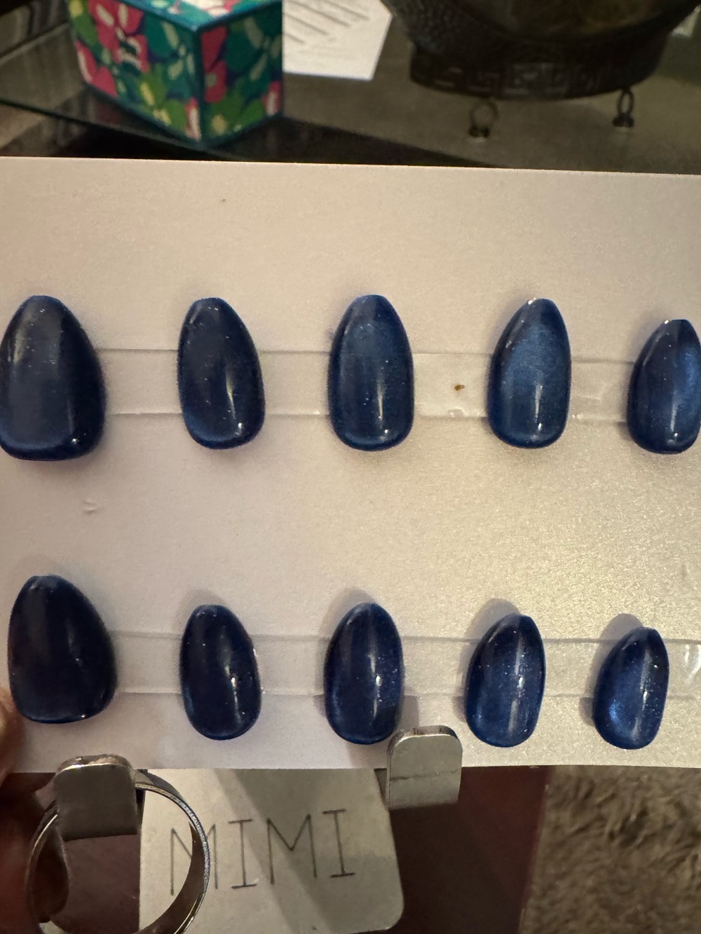 💙 Navy Blue Shimmer Cat Eye Press-On Nails (Short Almond)